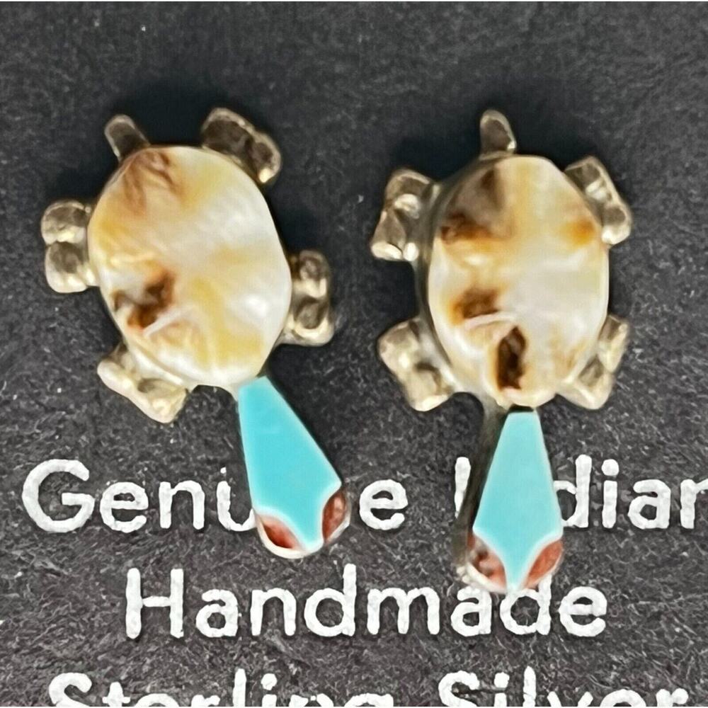 Zuni Indian Sterling Silver Turquoise Coral Turtle Post Earrings Handmade New